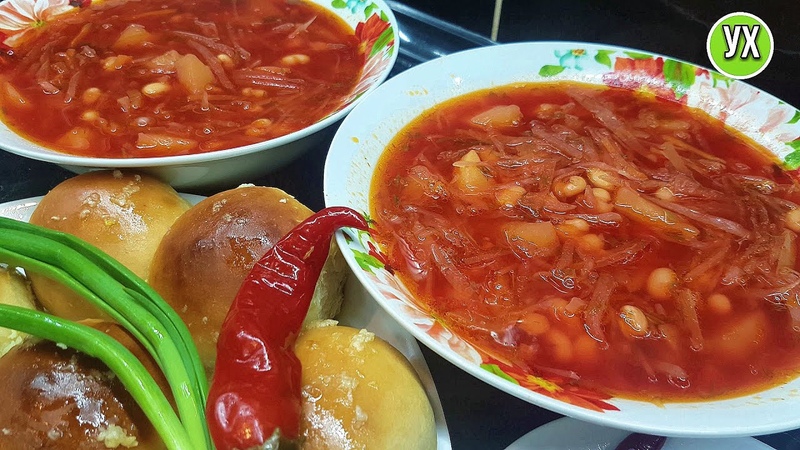 Борщ БЕЗ МЯСА с фасолью + быстрые пампушки с чесноком.