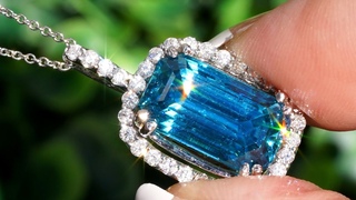 CERTIFIED Blue Natural Zircon and Diamond Halo Cocktail Pendant Necklace 14k White Gold  tcw